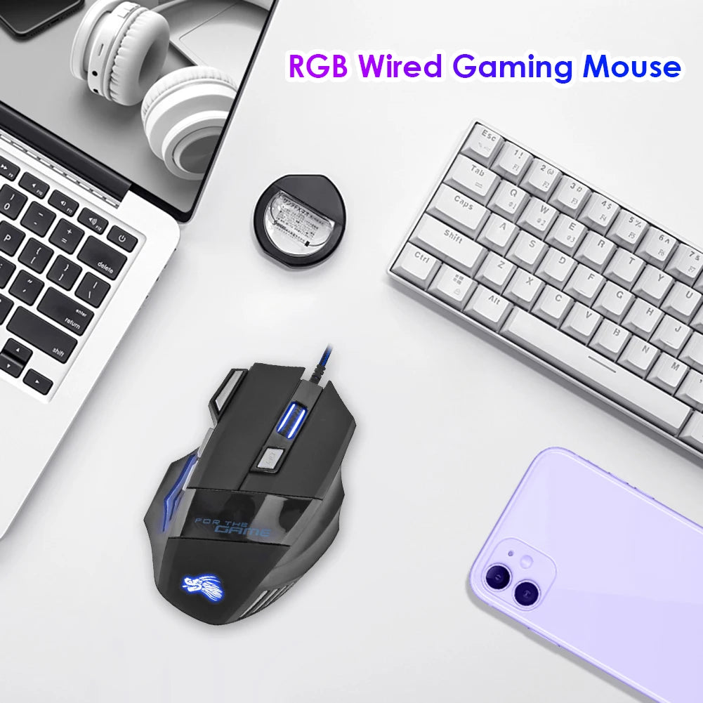 Mouse Gamer USB com Fio RGB - 7 Botões, 5500 DPI
