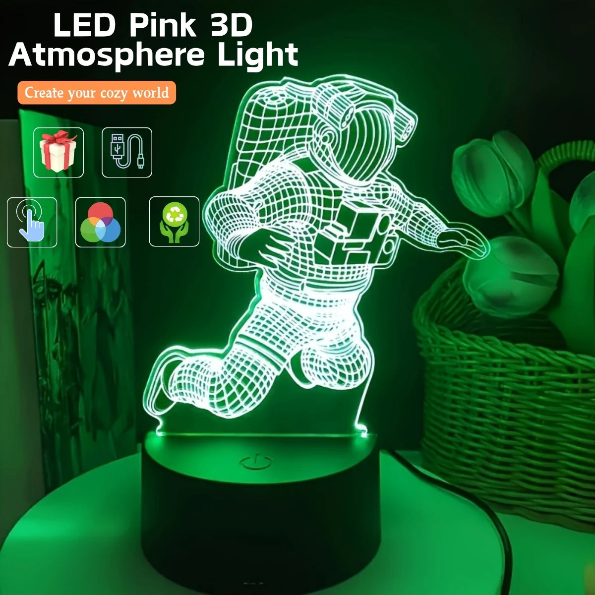 Luminária 3D Astronauta LED USB - Decoração de Mesa e Quarto